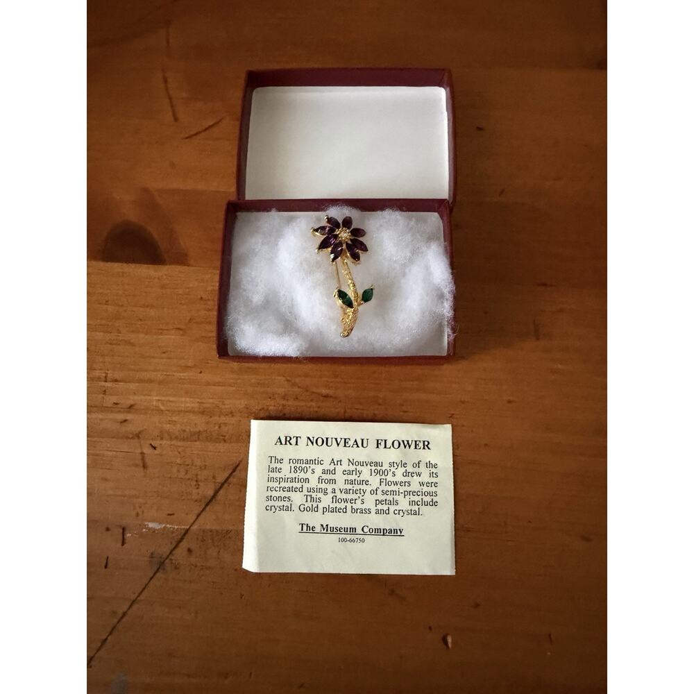 Museum Company Art Nouveau Style Flower Brooch Purple Crystal Floral Gold Tone